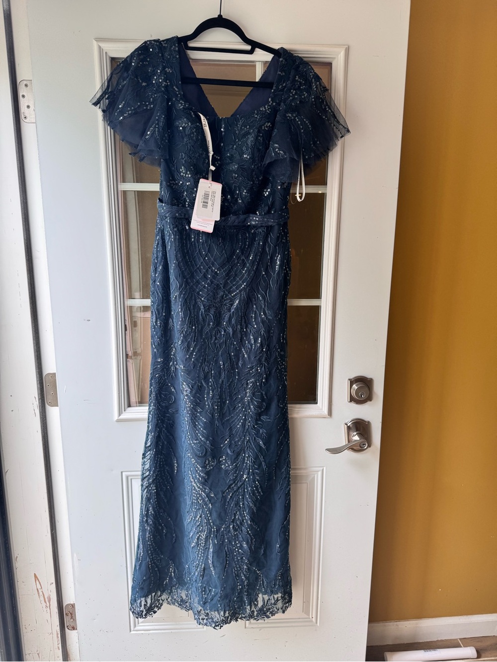 Embellished Navy Evening Gown with Flutter Sleeves